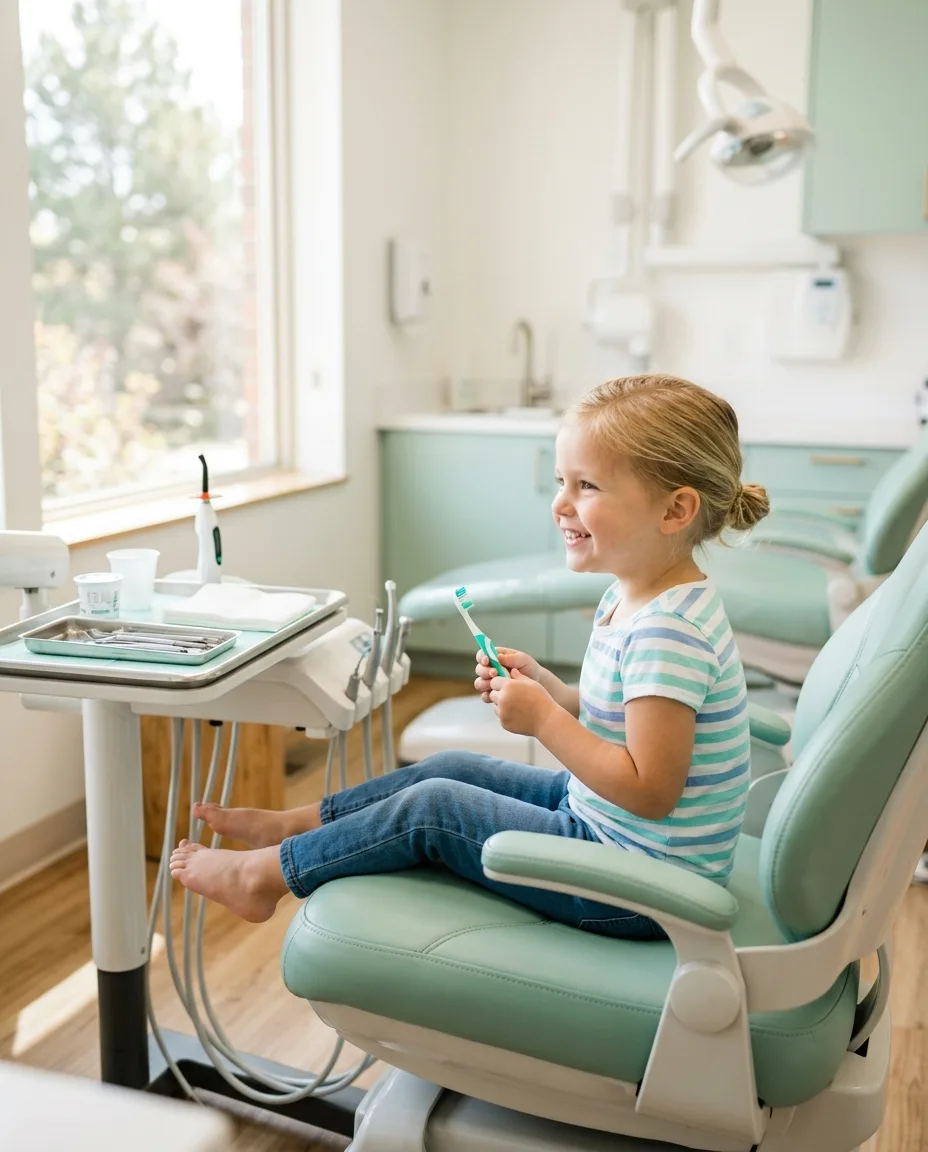 A small toothbrush held up in a mint dental chair beside a sunny window