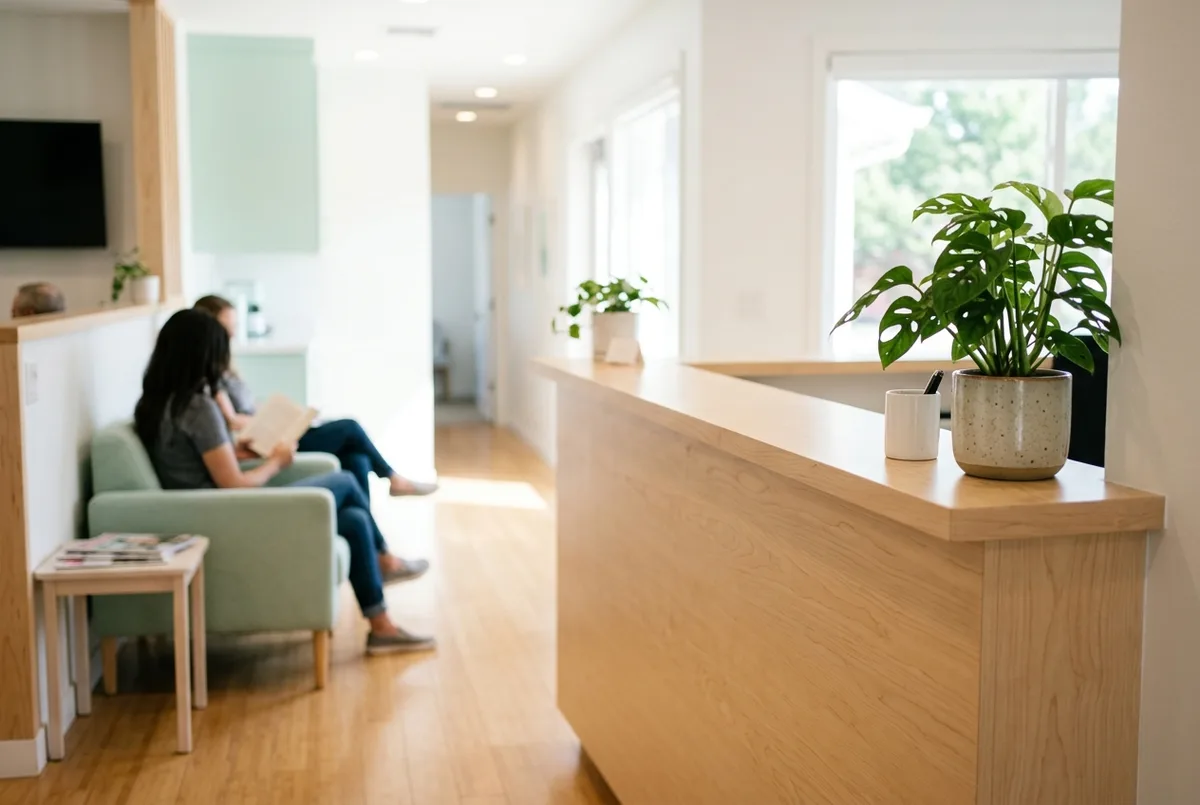 A bright front desk with a pale wood counter and a plant, a seating area behind