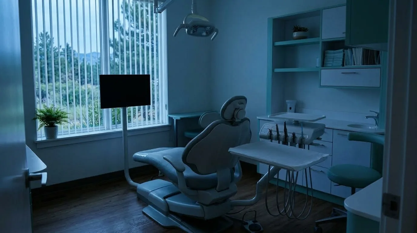 The same treatment room before opening, lights off and the blinds half closed