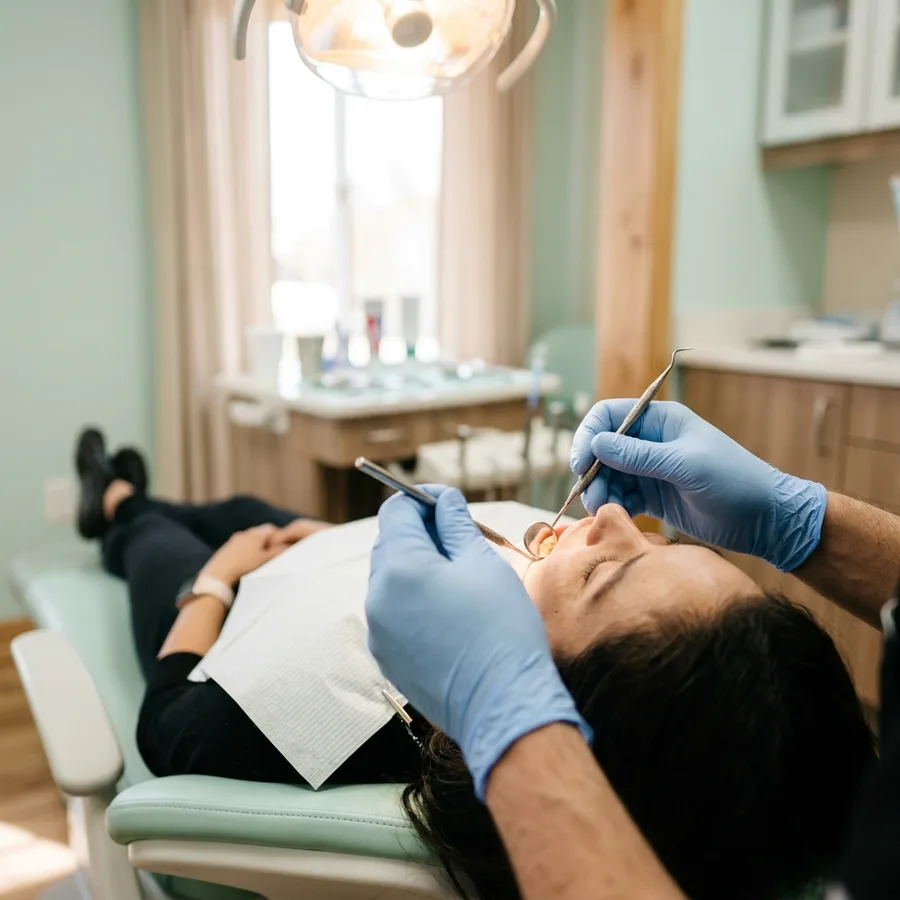 Gloved hands holding a small mirror and a scaler in bright clinical light