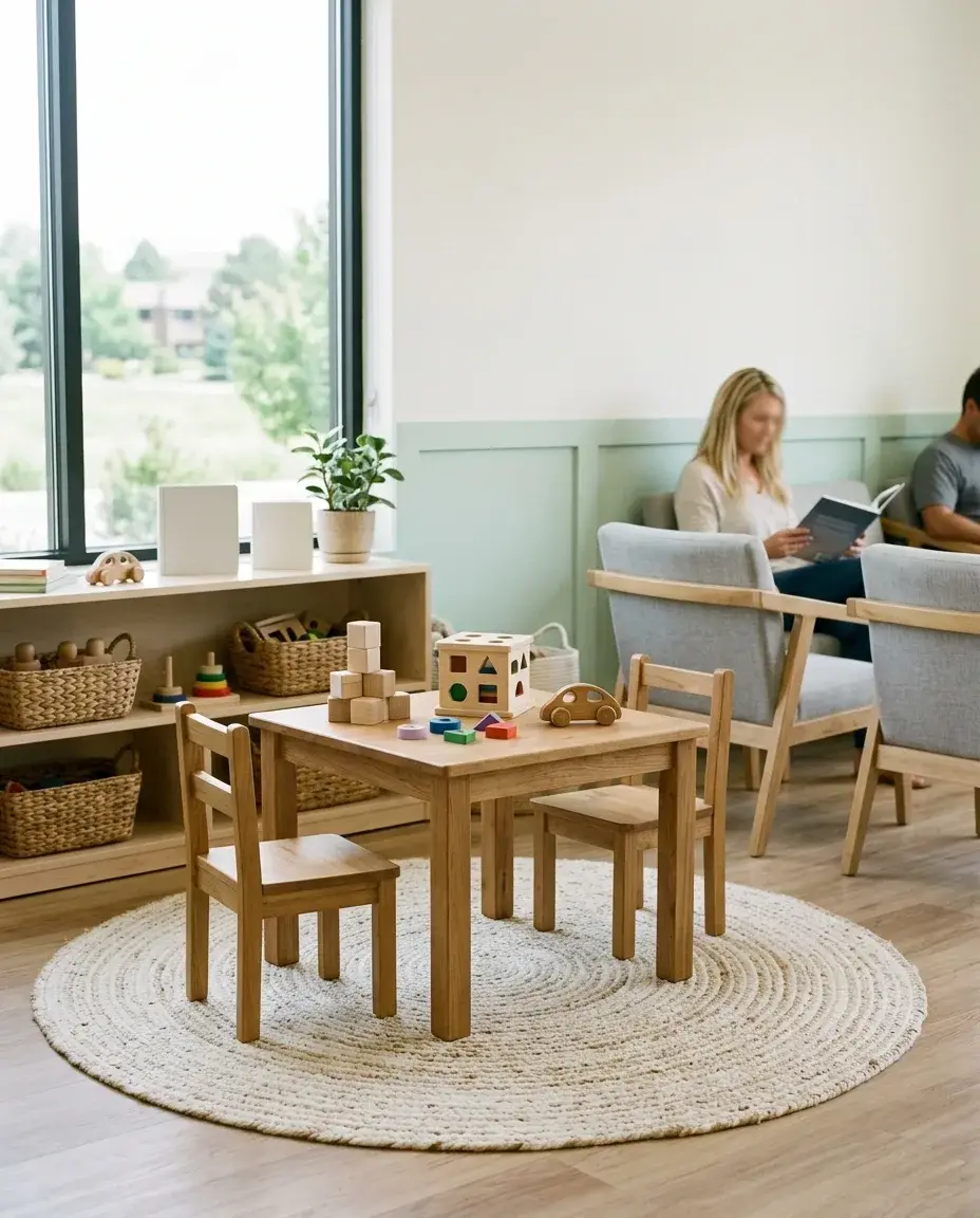 A kids corner in a waiting room with a small table, wooden toys and a soft rug in daylight
