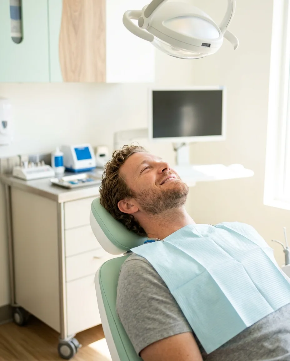 A dental chair under a bright ceiling light, a paper bib on