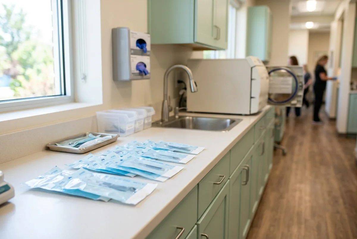 A clean sterilization counter with sealed instrument pouches in neat rows and a steel sink