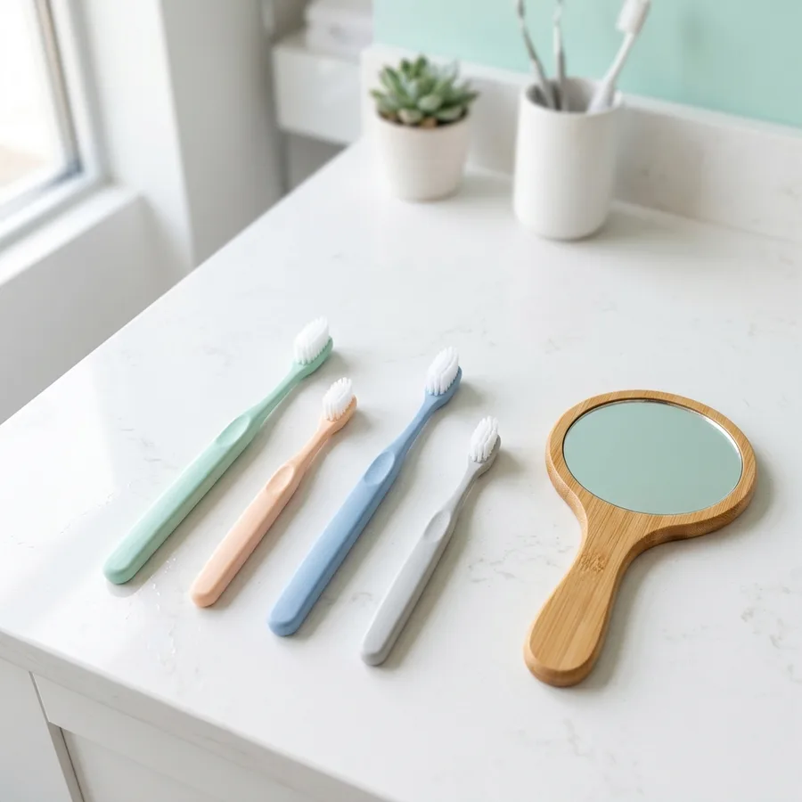 New toothbrushes in soft colors and a small hand mirror on a white counter