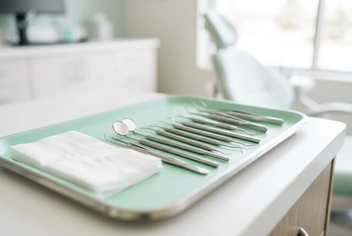 Polished dental instruments laid out on a mint tray with a folded napkin
