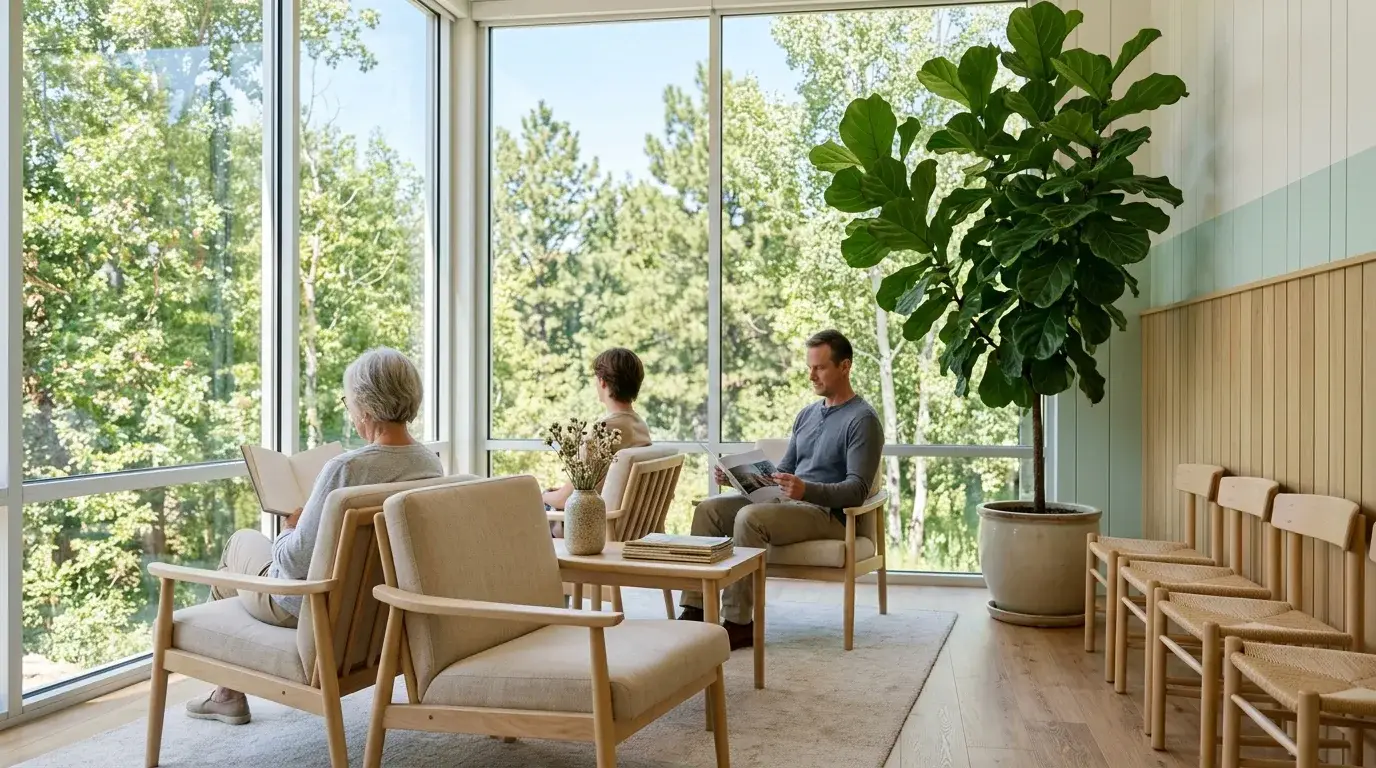 A calm waiting room with pale wood chairs, a large plant and tall windows onto trees in morning light