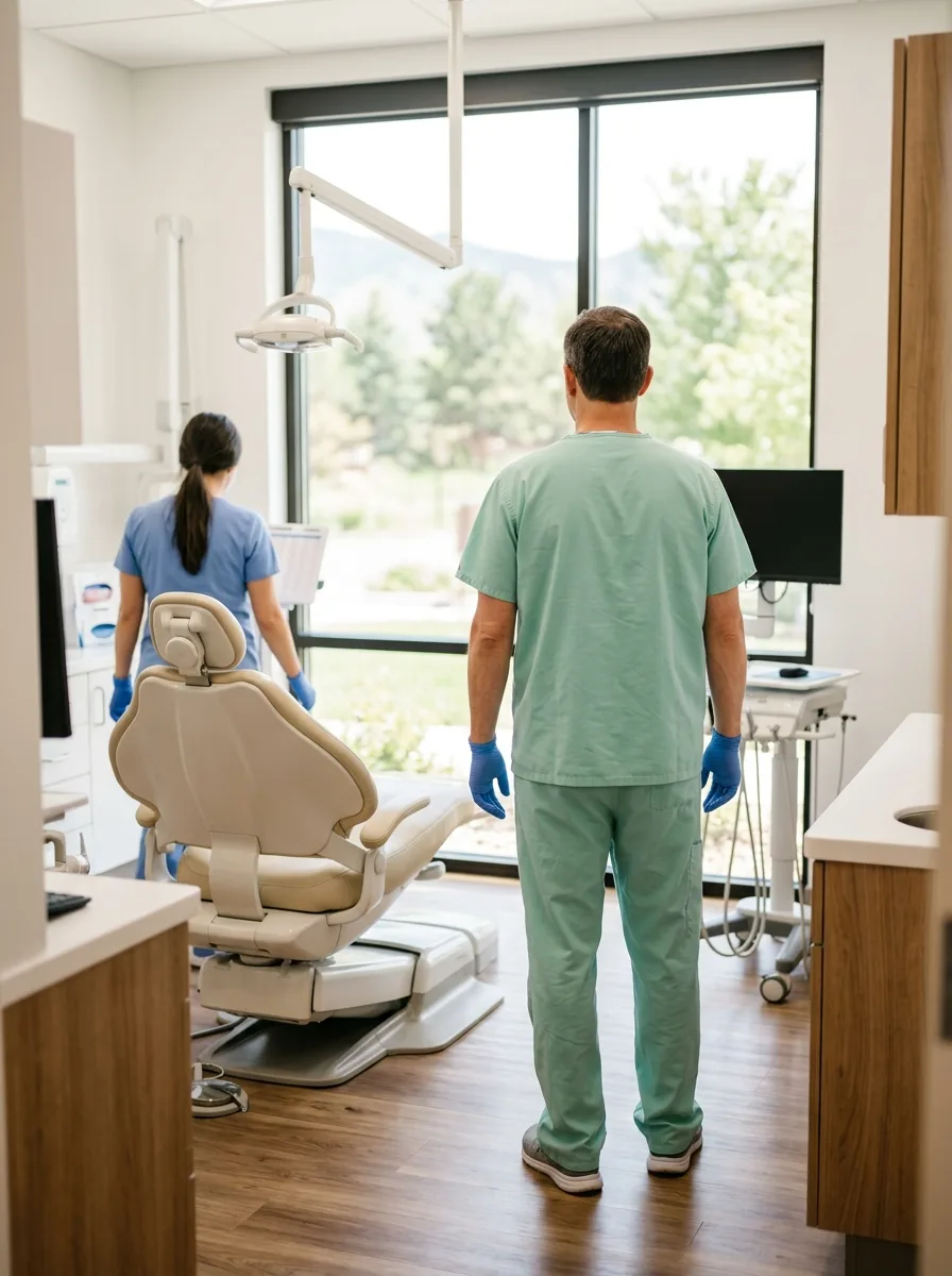 A treatment room with a tall window onto trees and a chair beside it, bright and airy